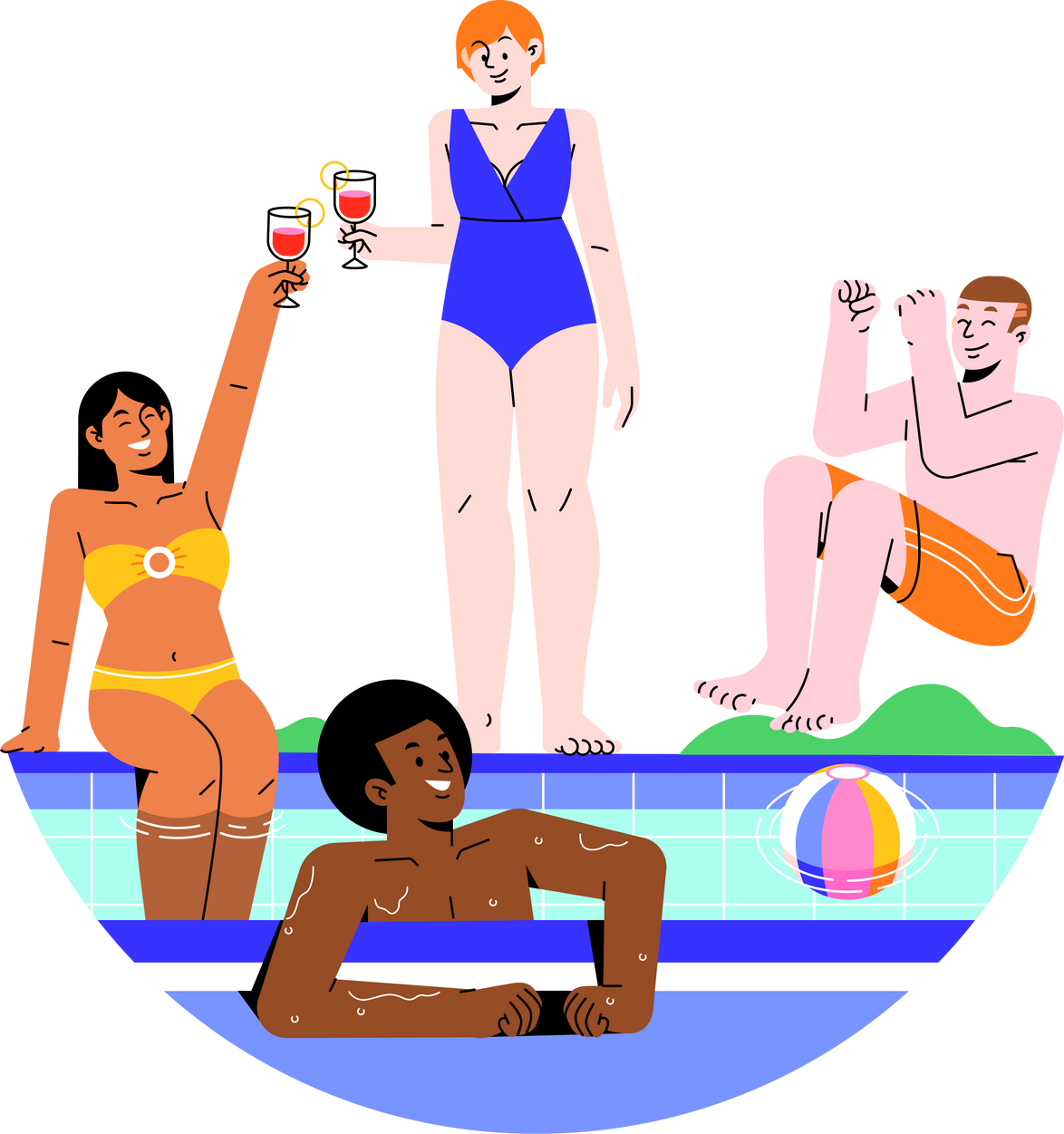 Trendy Vibrant Group of Friends Swimming on Pool